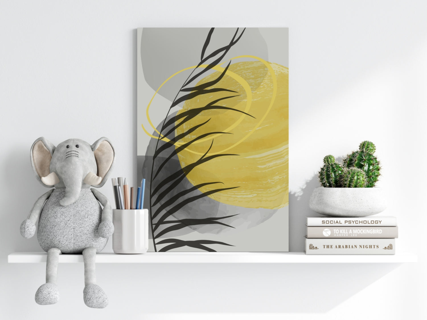 Yellow Sun Black Palm Frond Gray Circles Aluminum Print