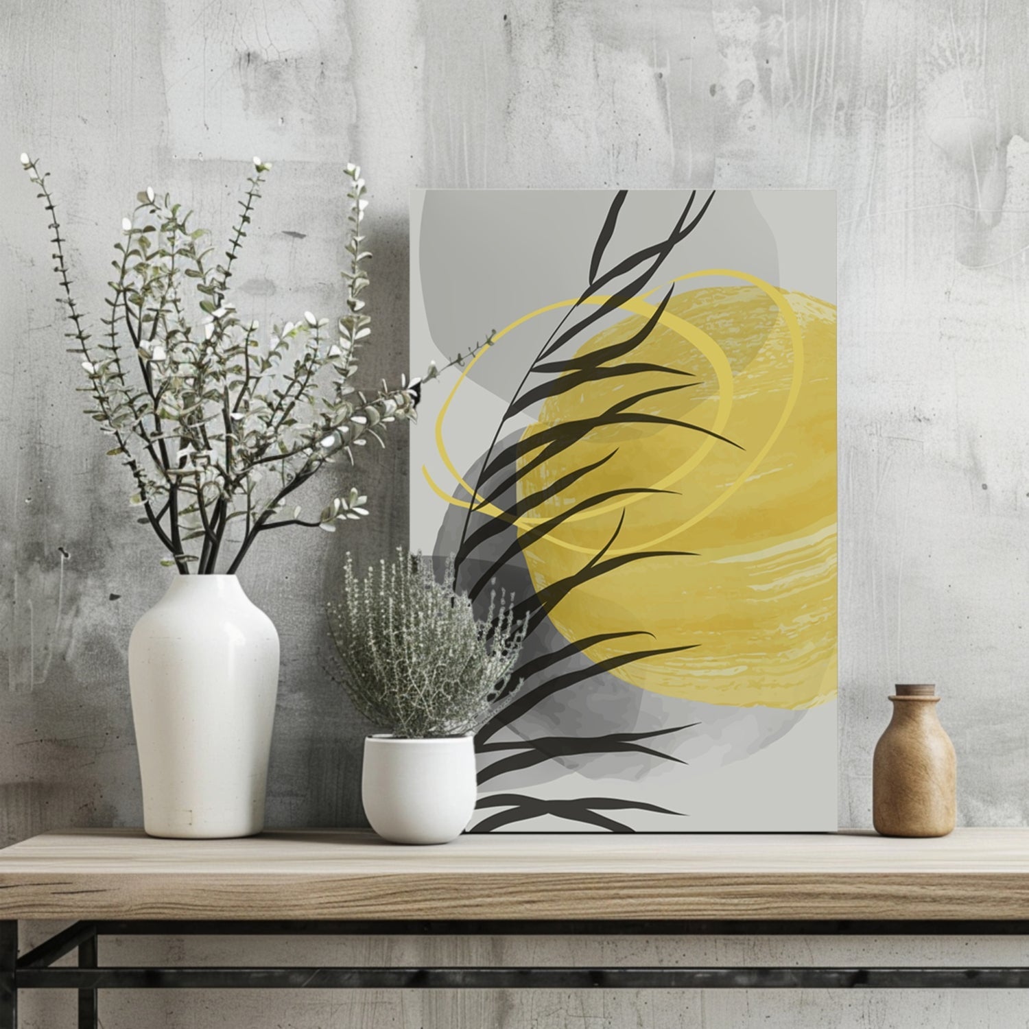 Yellow Sun Black Palm Frond Gray Circles Aluminum Print