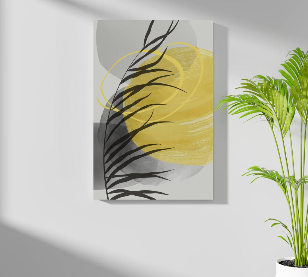 Yellow Sun Black Palm Frond Gray Circles Aluminum Print