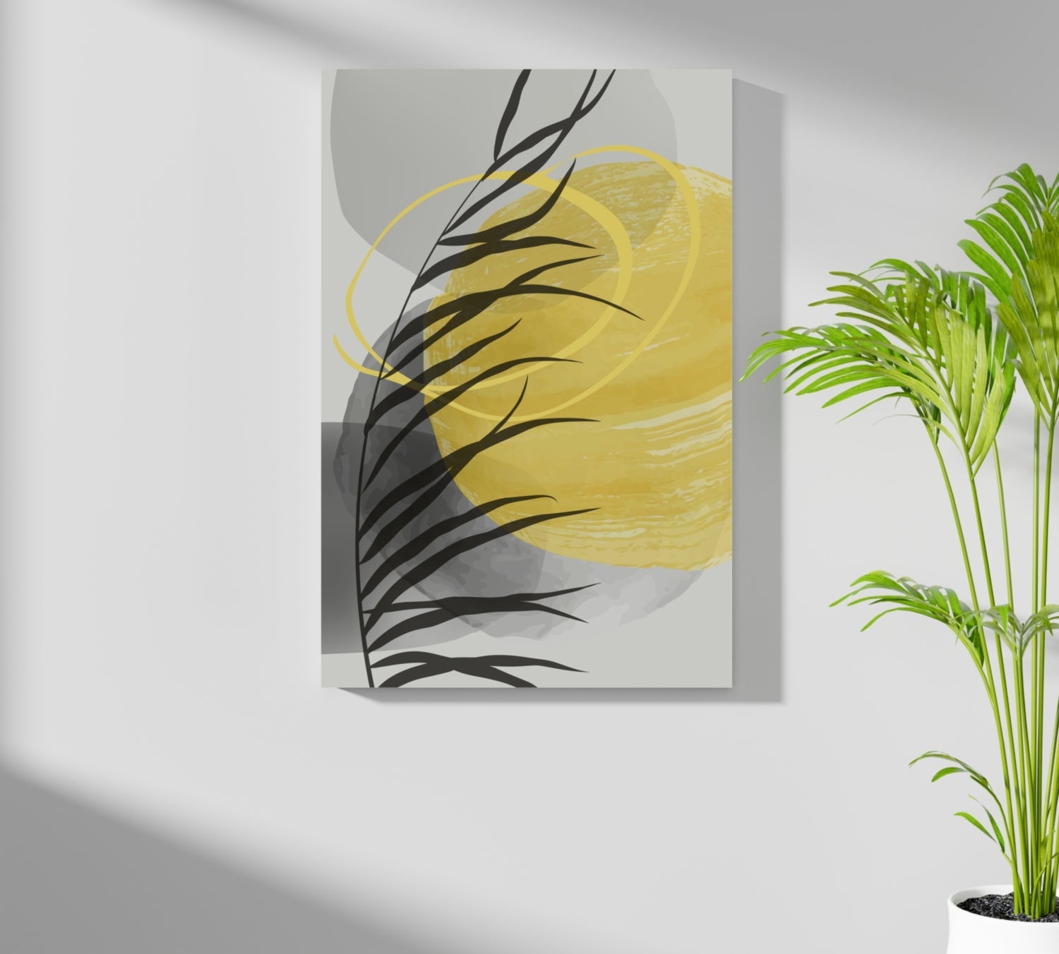 Yellow Sun Black Palm Frond Gray Circles Aluminum Print