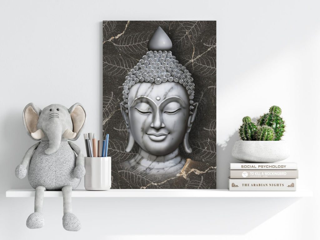White Marble Buddha Head on Dark Leaves Aluminum Print
