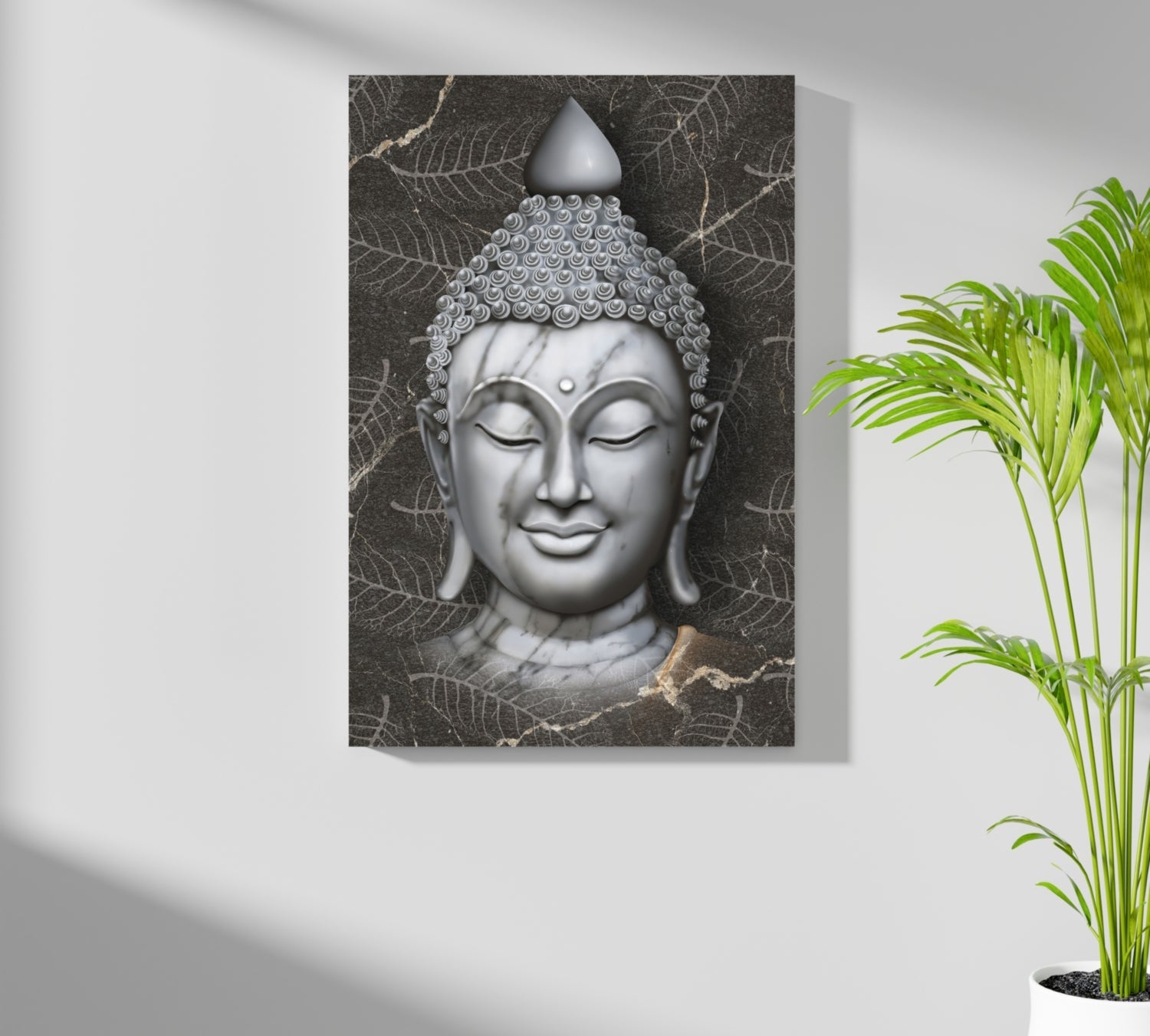 White Marble Buddha Head on Dark Leaves Aluminum Print