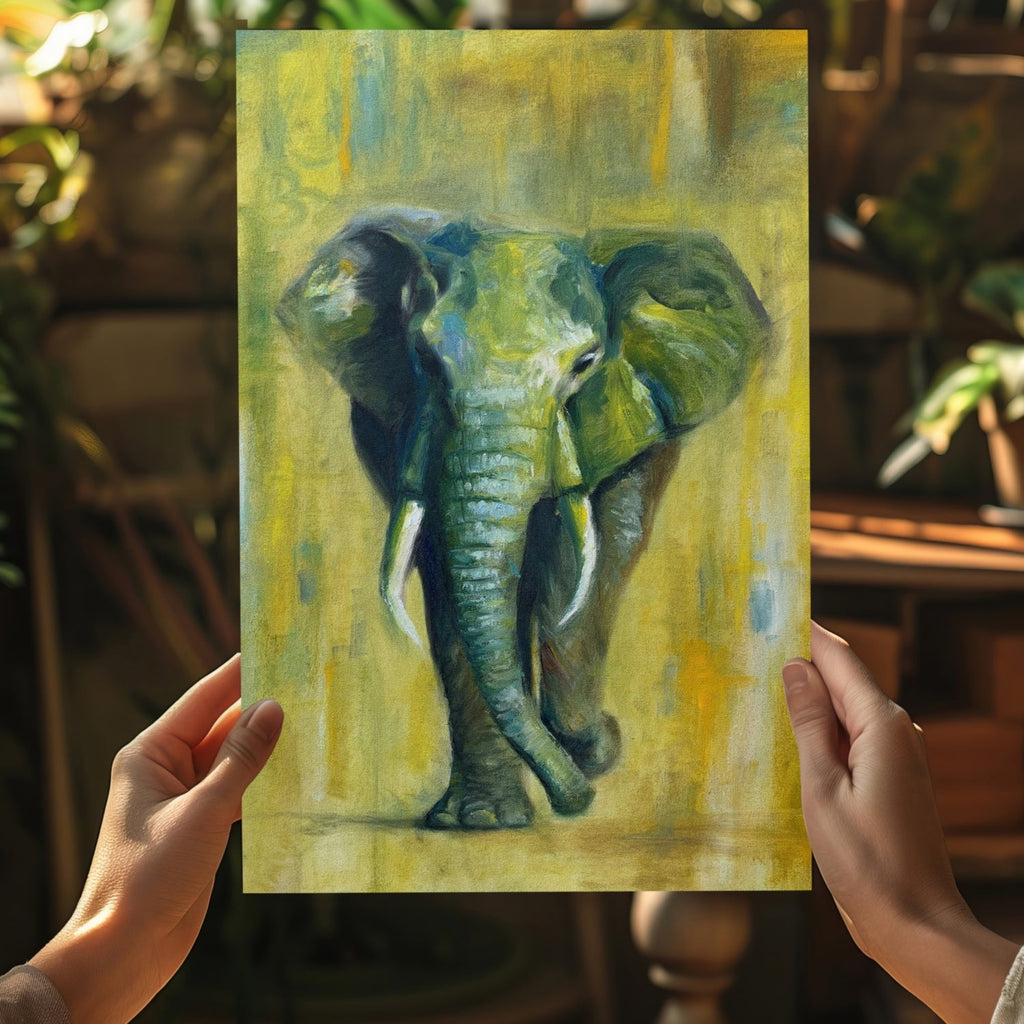 Green And Yellow Oil Painted Walking Elephant Aluminum Print