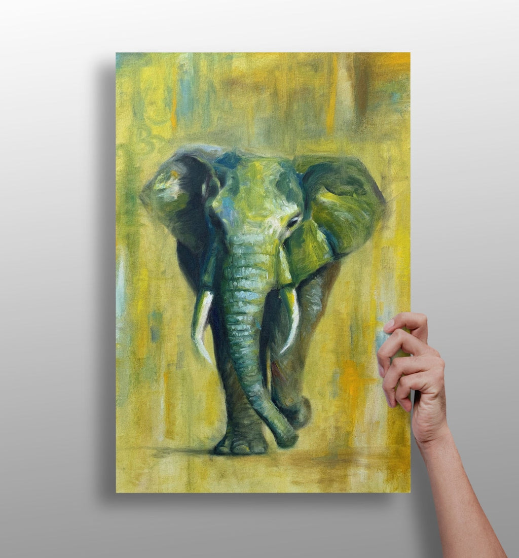 Green And Yellow Oil Painted Walking Elephant Aluminum Print