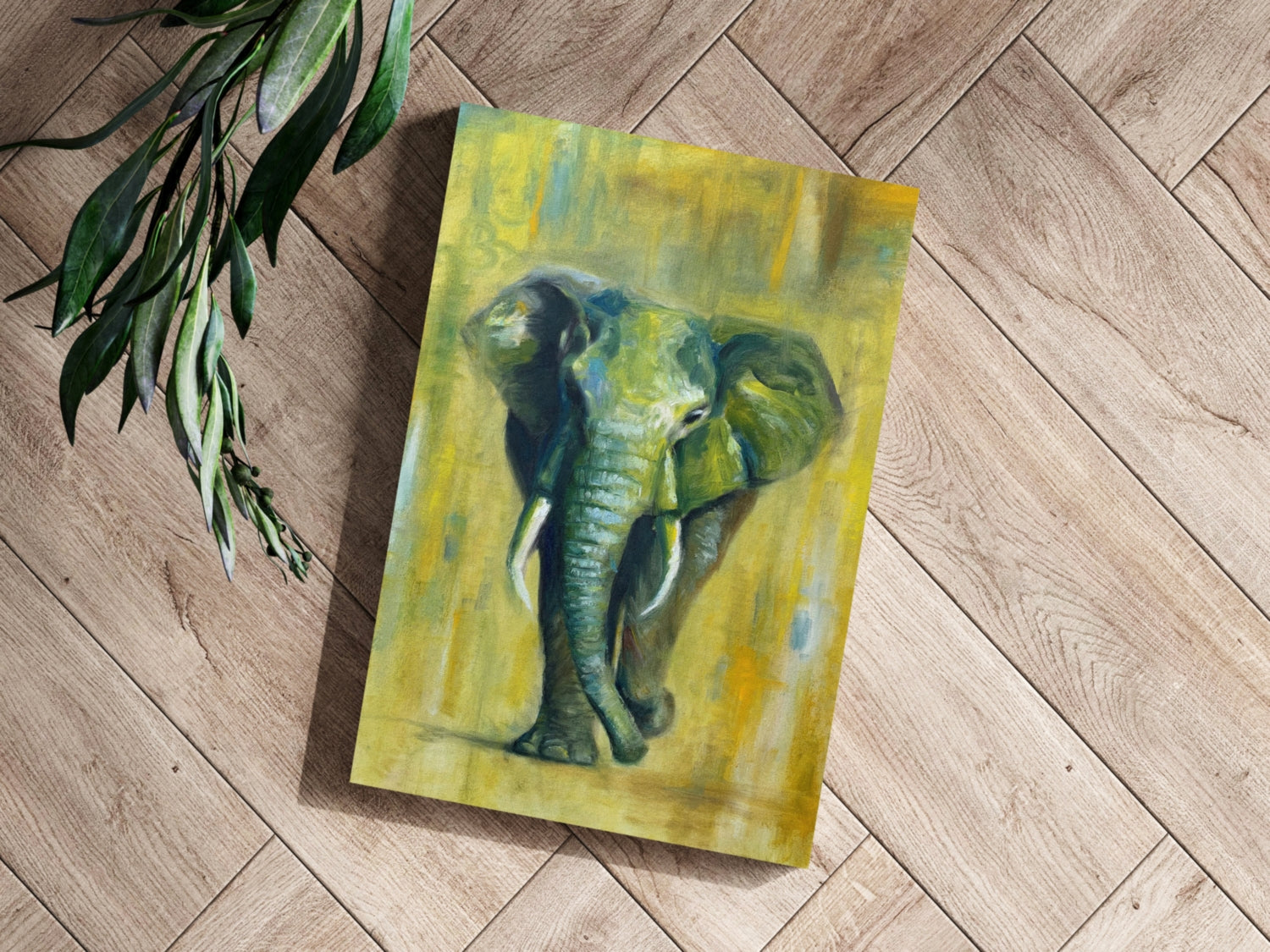 Green And Yellow Oil Painted Walking Elephant Aluminum Print