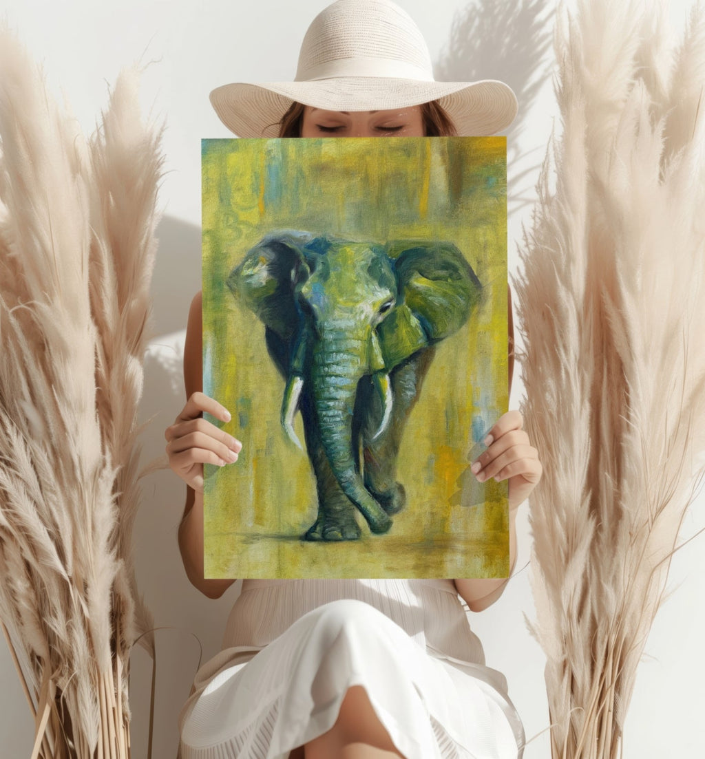 Green And Yellow Oil Painted Walking Elephant Aluminum Print
