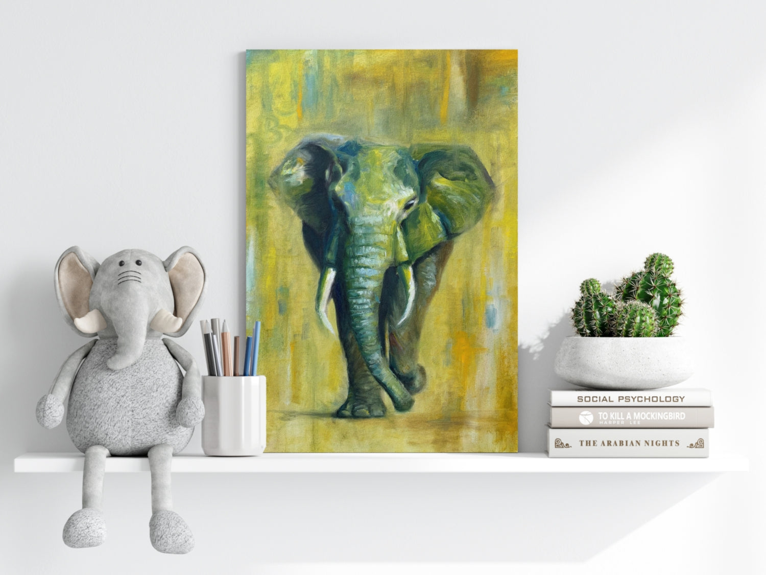 Green And Yellow Oil Painted Walking Elephant Aluminum Print