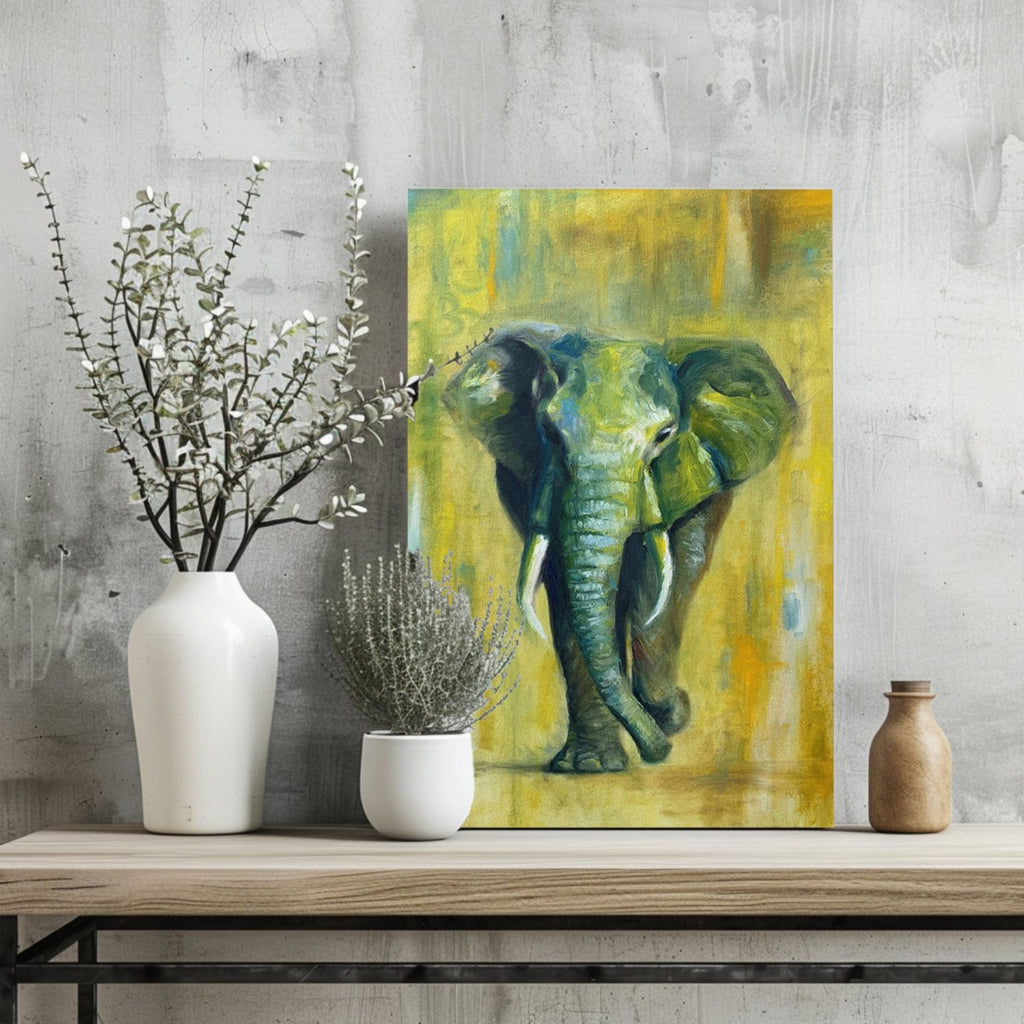 Green And Yellow Oil Painted Walking Elephant Aluminum Print