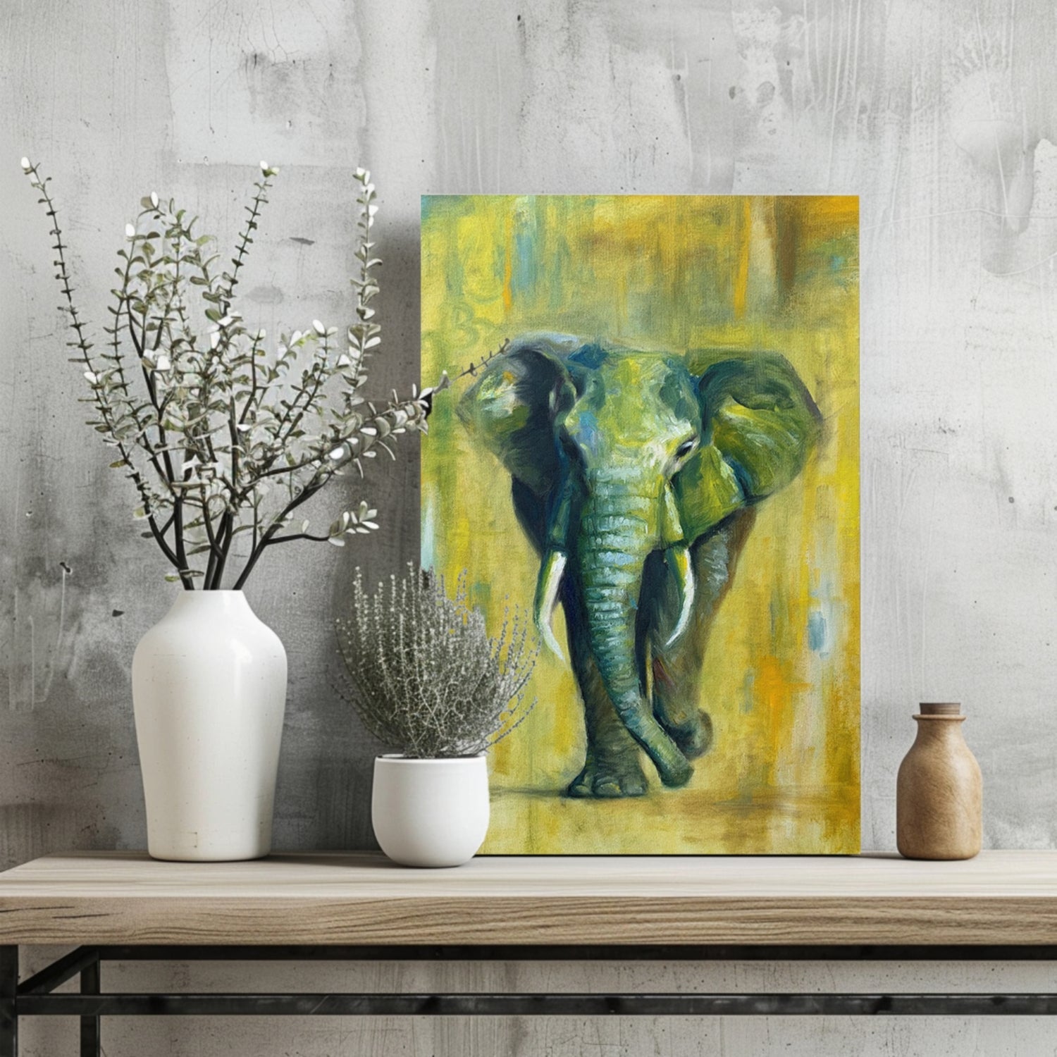 Green And Yellow Oil Painted Walking Elephant Aluminum Print
