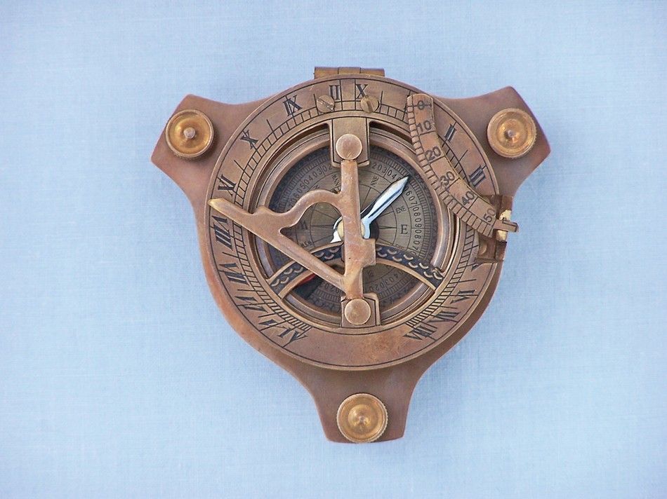 Captain's Antique Brass Triangle Sundial Compass with Rosewood Box 3""