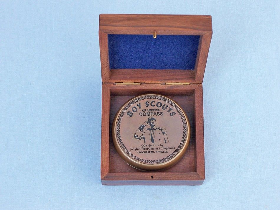 Antique Brass Boy Scout Compass w/ Rosewood Box 3""