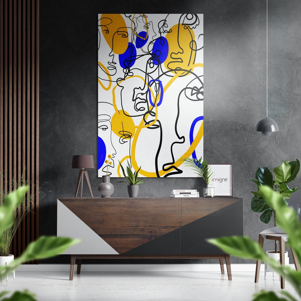 Layered Line Faces in Blue and Yellow Brushed Aluminium Dibond Wall Art