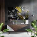 Monochrome Lilies Golden Leaves Brushed Aluminium Dibond Wall Art