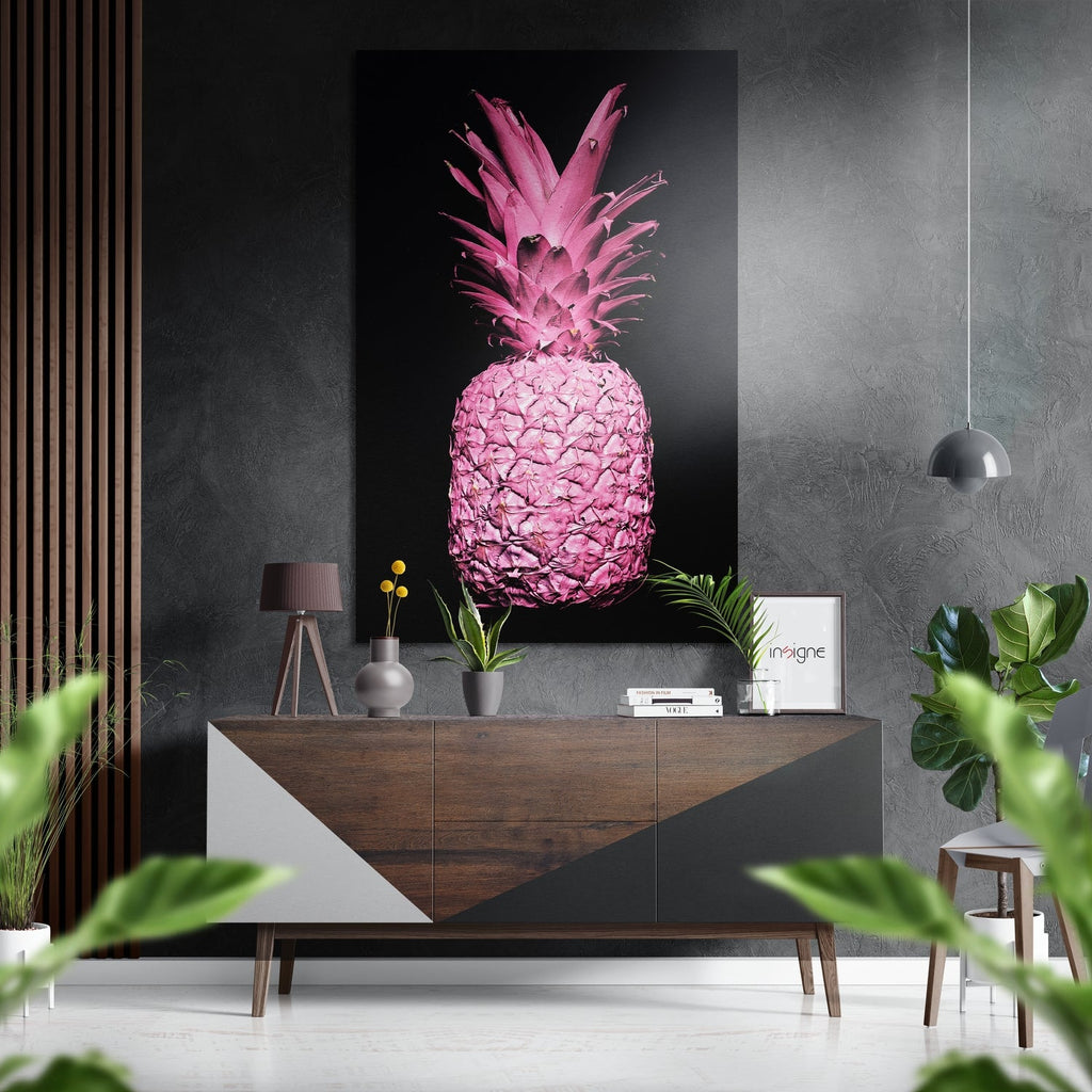 Hot Pink Pineapple on Black Brushed Aluminium Dibond Wall Art
