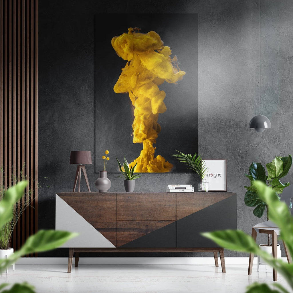Yellow Ink Cloud Burst Column Brushed Aluminium Dibond Wall Art
