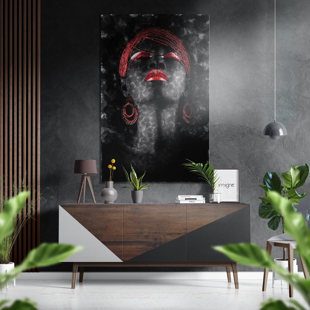 Red Lips Dark Smoke Woman Portrait Brushed Aluminium Dibond Wall Art