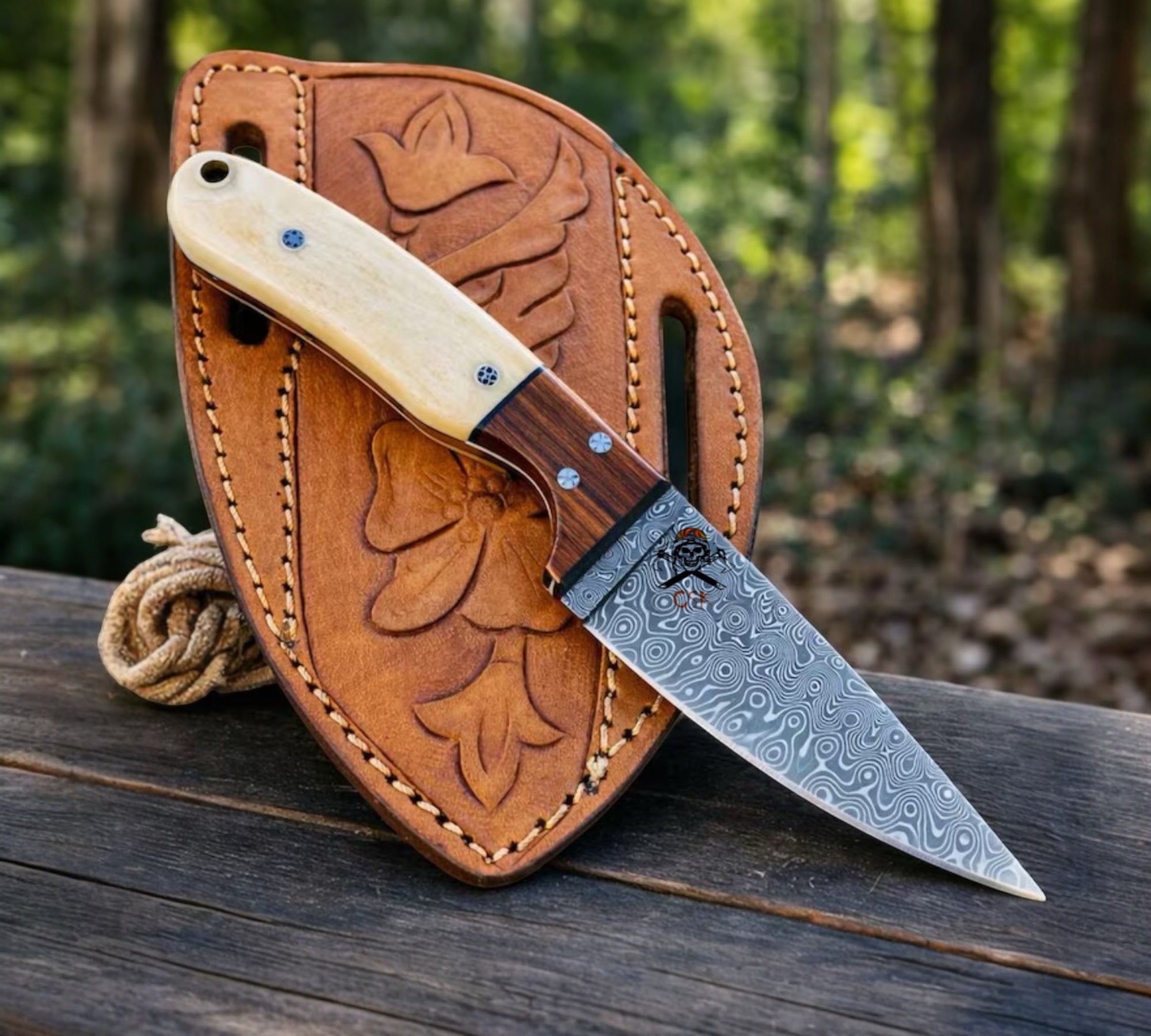 Buckaroo Working Knife - 3” Damascus Blade Bone Handle & Pancake Sheath - PhishStones Products