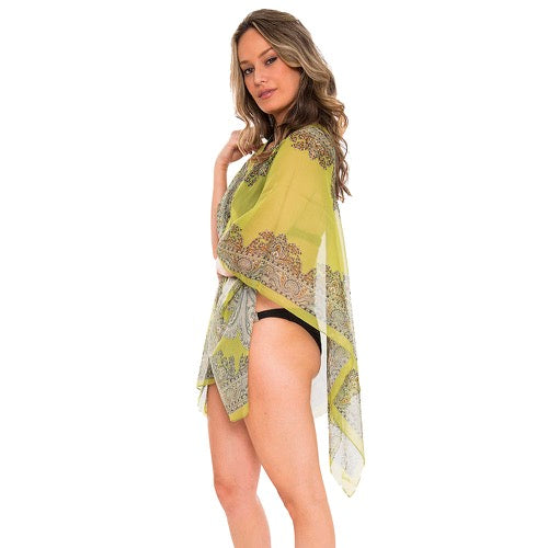 Button Detail Paisley Print V-Neck Poncho Cover Up Beachwear