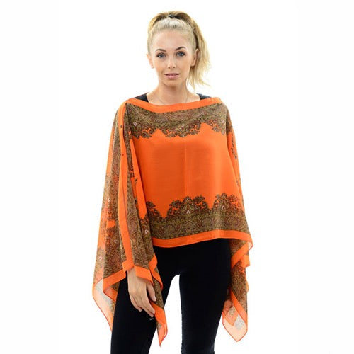 Button Detail Paisley Print V-Neck Poncho Cover Up Beachwear