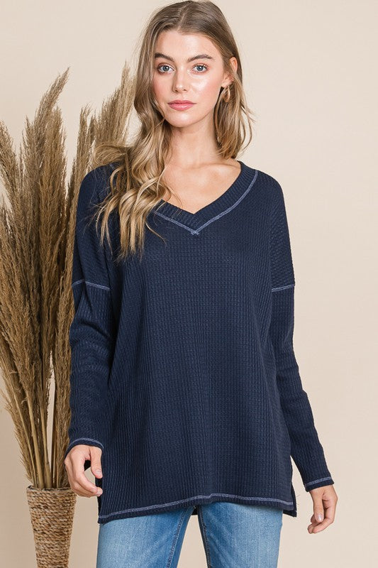 NAVY V NECK LONG SLEEVE TOP- SPECIAL