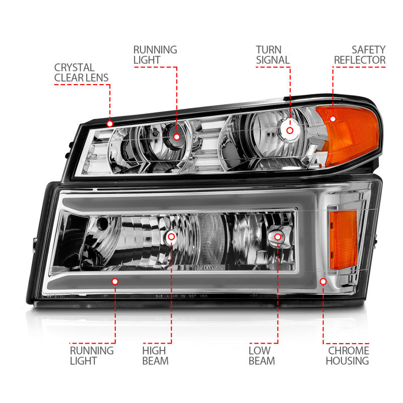 ANZO 04-12 GM Colorado/Canyon/I-Series Crystal Headlights - w/ Light Bar Chrome Housing 4pcs 111559