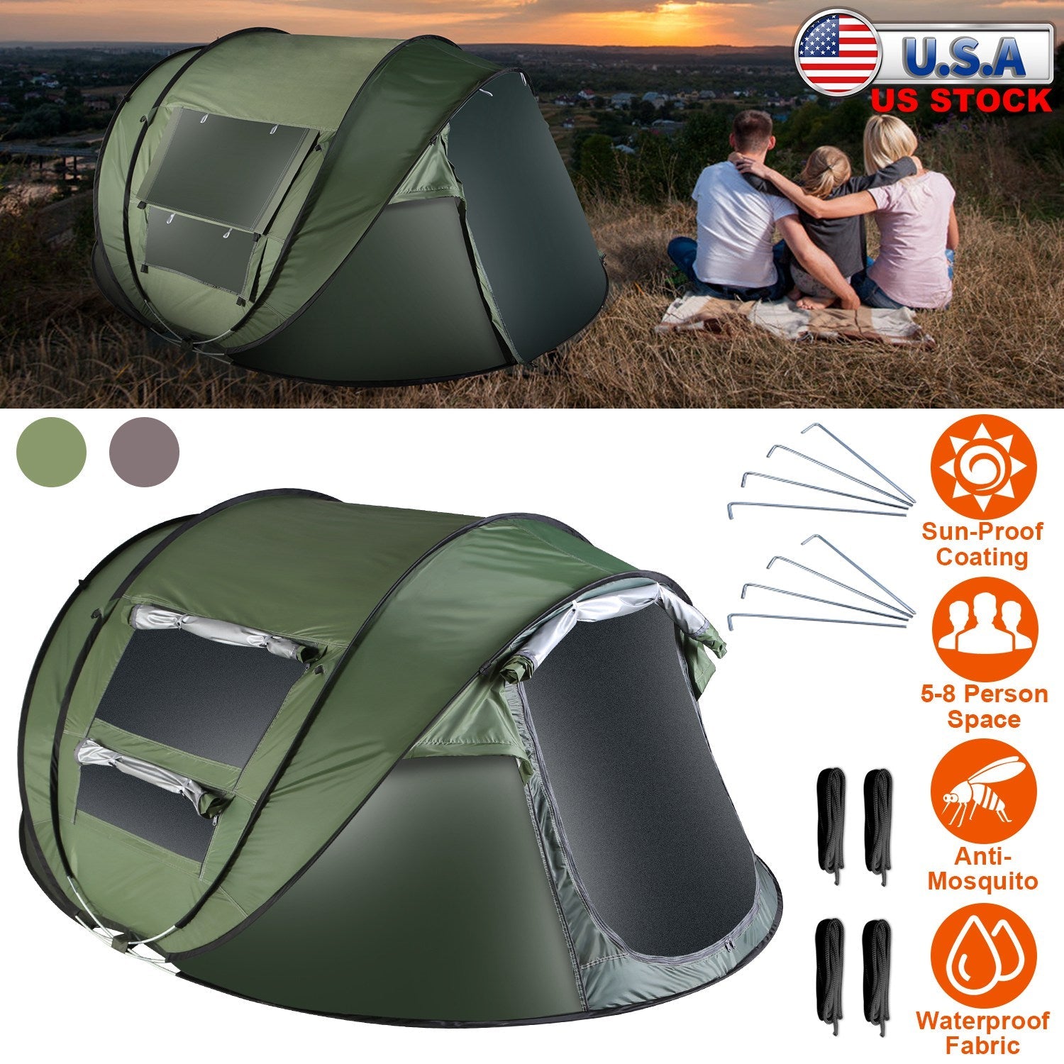 3-4 Person Pop Up Tent Automatic Setup Camping Tent Waterproof Instant Setup Tent with 2 Mosquito Net Windows Carrying Bag for Hiking Climbing Adventu