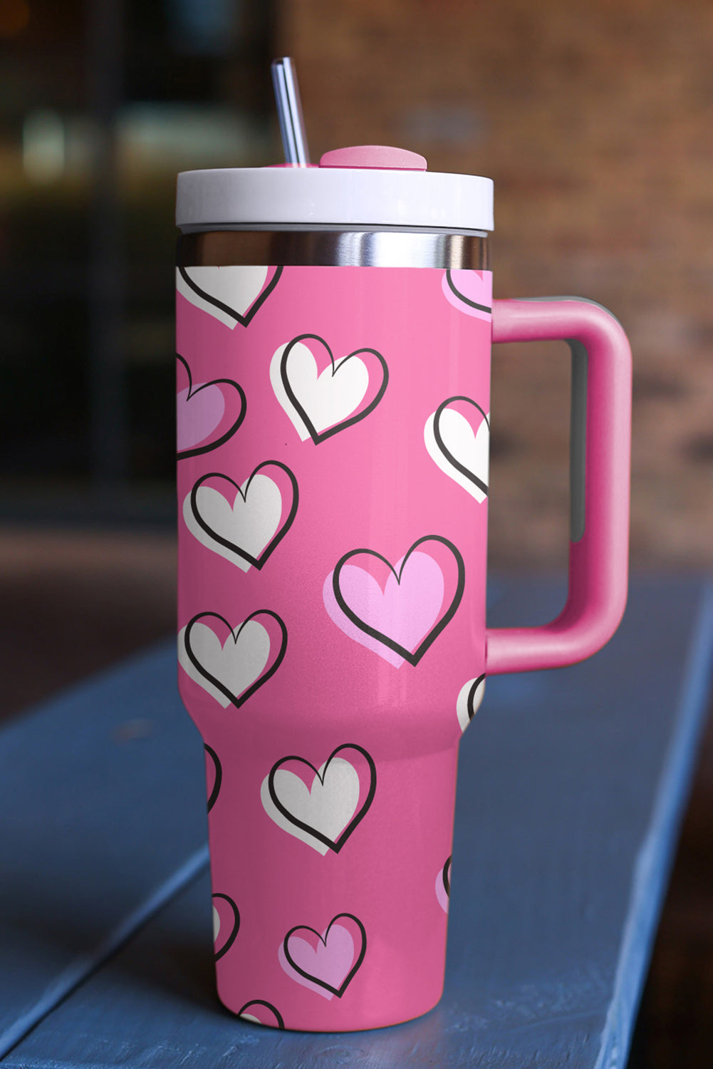 Rose Red Valentines Heart Printed Cup with Handle 40oz