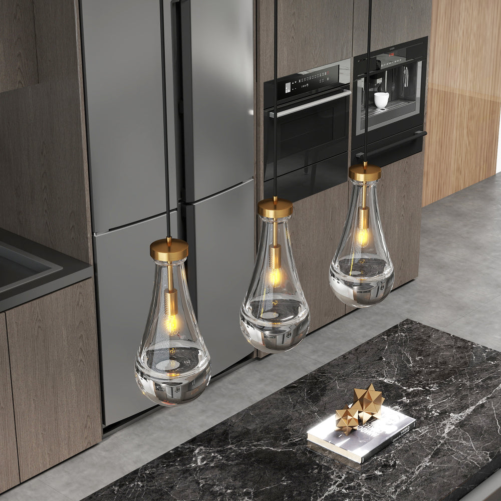 Raindrop Pendant Light – Hand-Blown Clear Glass Shade & Brass/Black Rod | Kitchen Island, Dining Room & Entryway