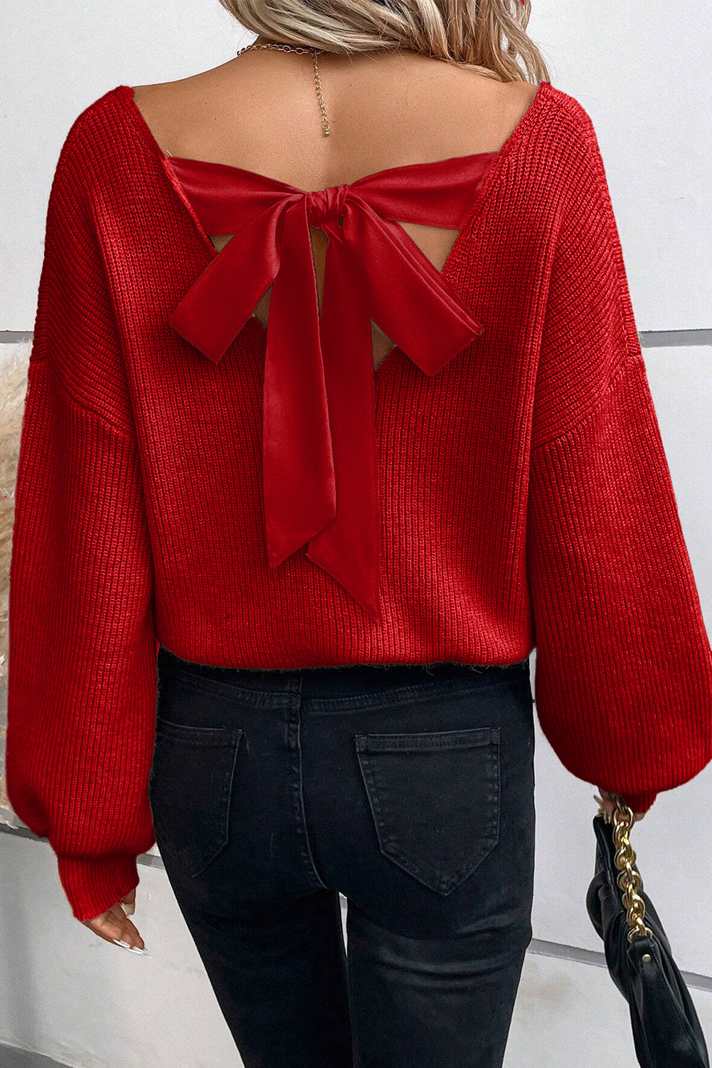Racing Red Lantern Sleeve V Neck Knot Back Sweater