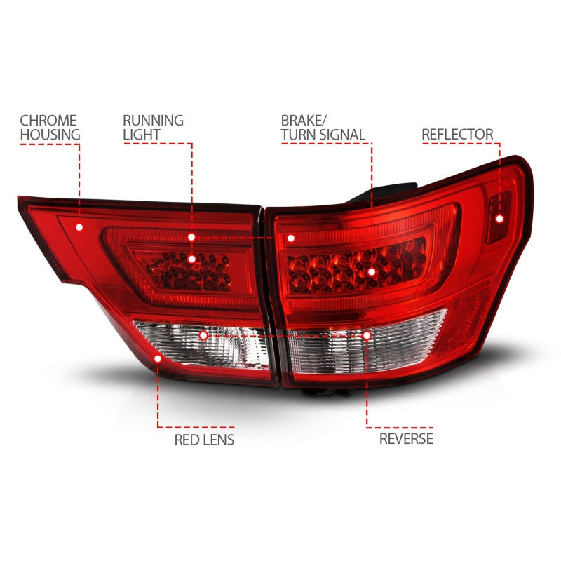 ANZO 11-13 Jeep Grand Cherokee LED Taillights w/ Lightbar Chrome Housing Red/Clear Lens 4pcs 311442