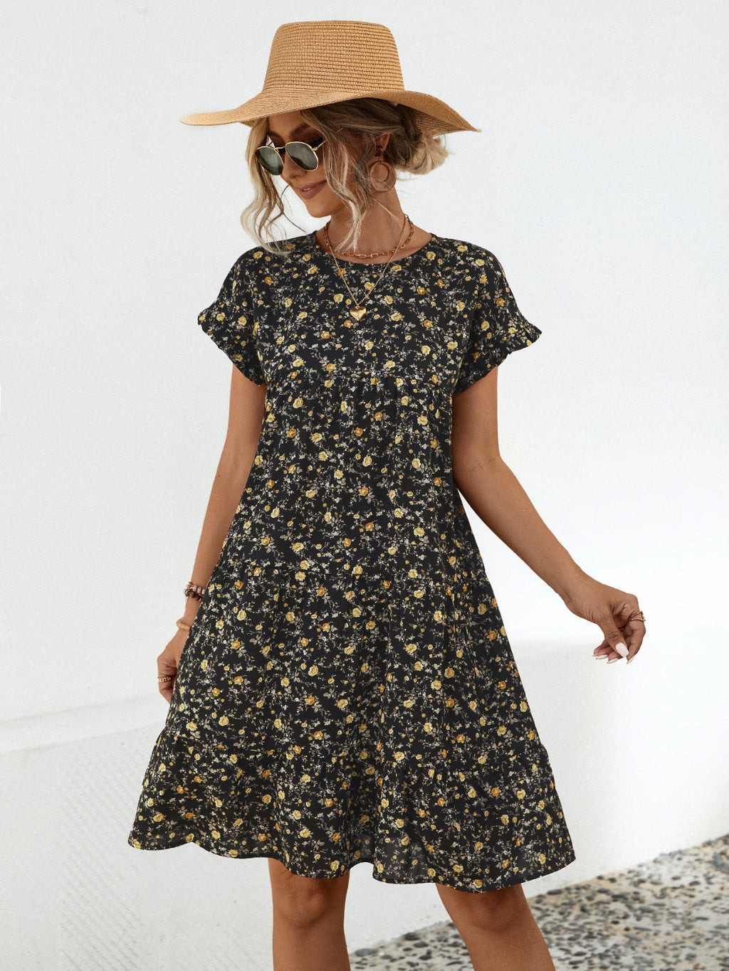 Floral Round Neck Short Sleeve Dress Elegant & Effortless Everyday Style Women Dress