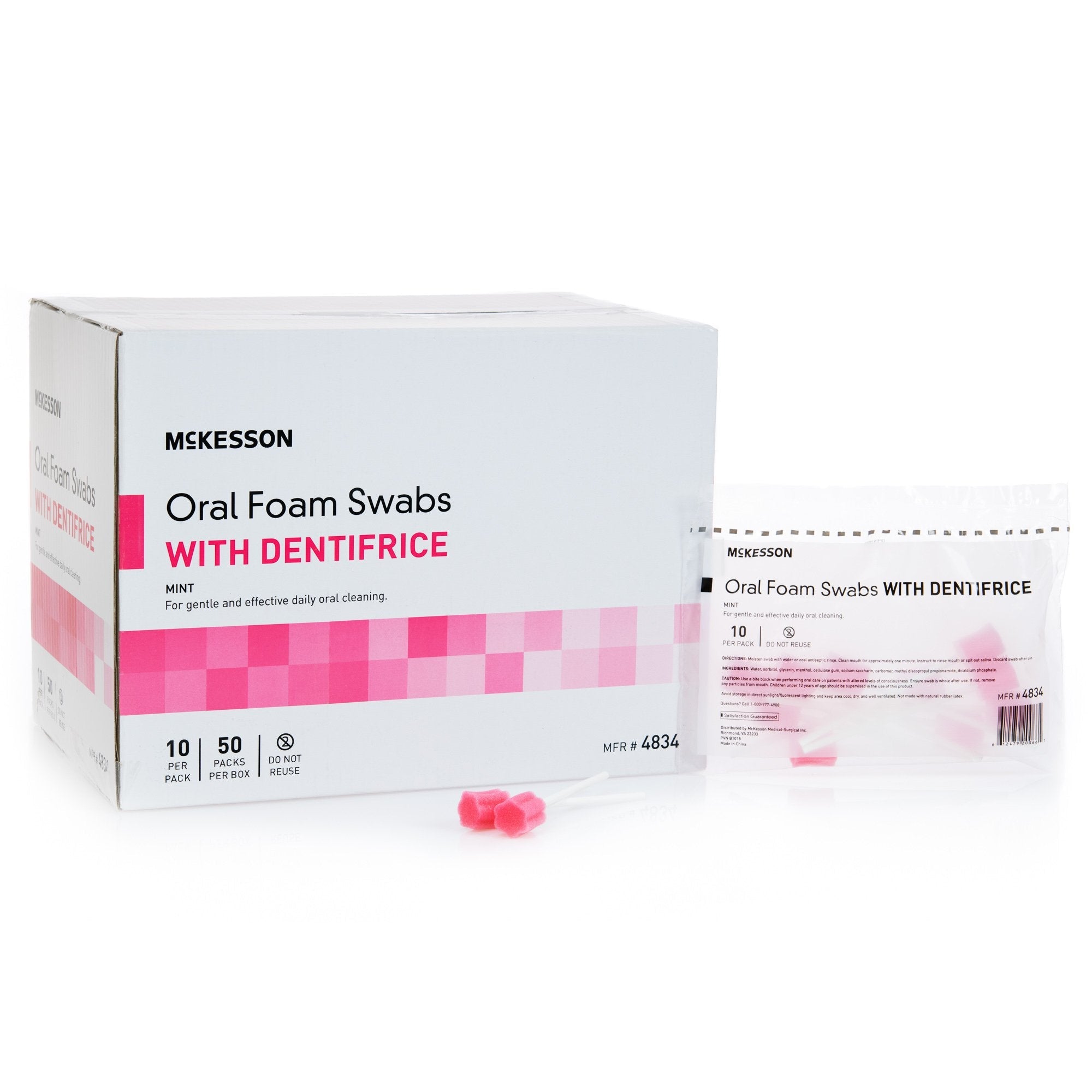 McKesson Oral Swabstick Foam Tip Dentifrice, Mint, 10 per Pack 4834