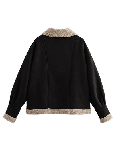 Fuzzy Collared Neck Long Sleeve Jacket with Buttoned Closure and Cozy Pockets