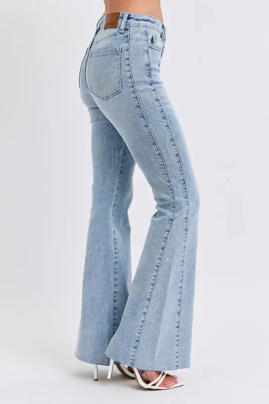 Judy Blue Full Size Mid Rise Rhinestone Side Panel Detail Flare Jeans Plus Size