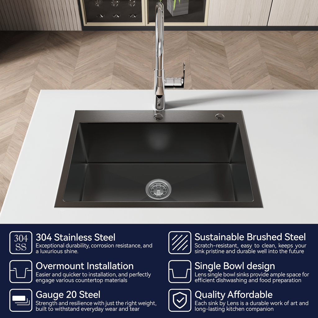 Stainless Steel Kitchen Sink, 27″x19″ Single Bowl, Overmount Handmade Sink in Black, with US Standard Drain and Hook, LS-SSBL01