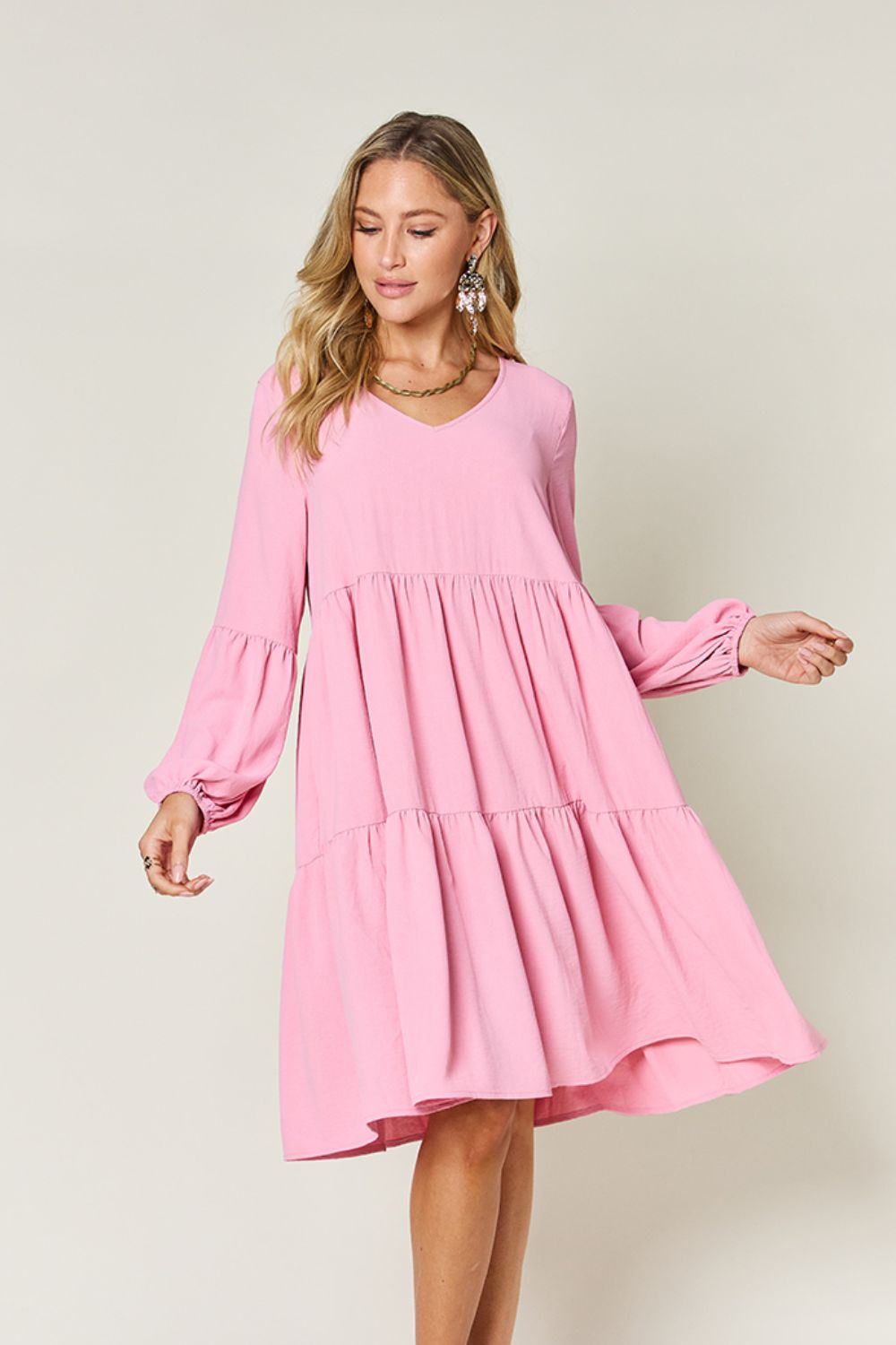 Light Green Double Take Full Size V-Neck Sleeve Tiered Dress with Pockets Elegant & Comfortable Casual Dress