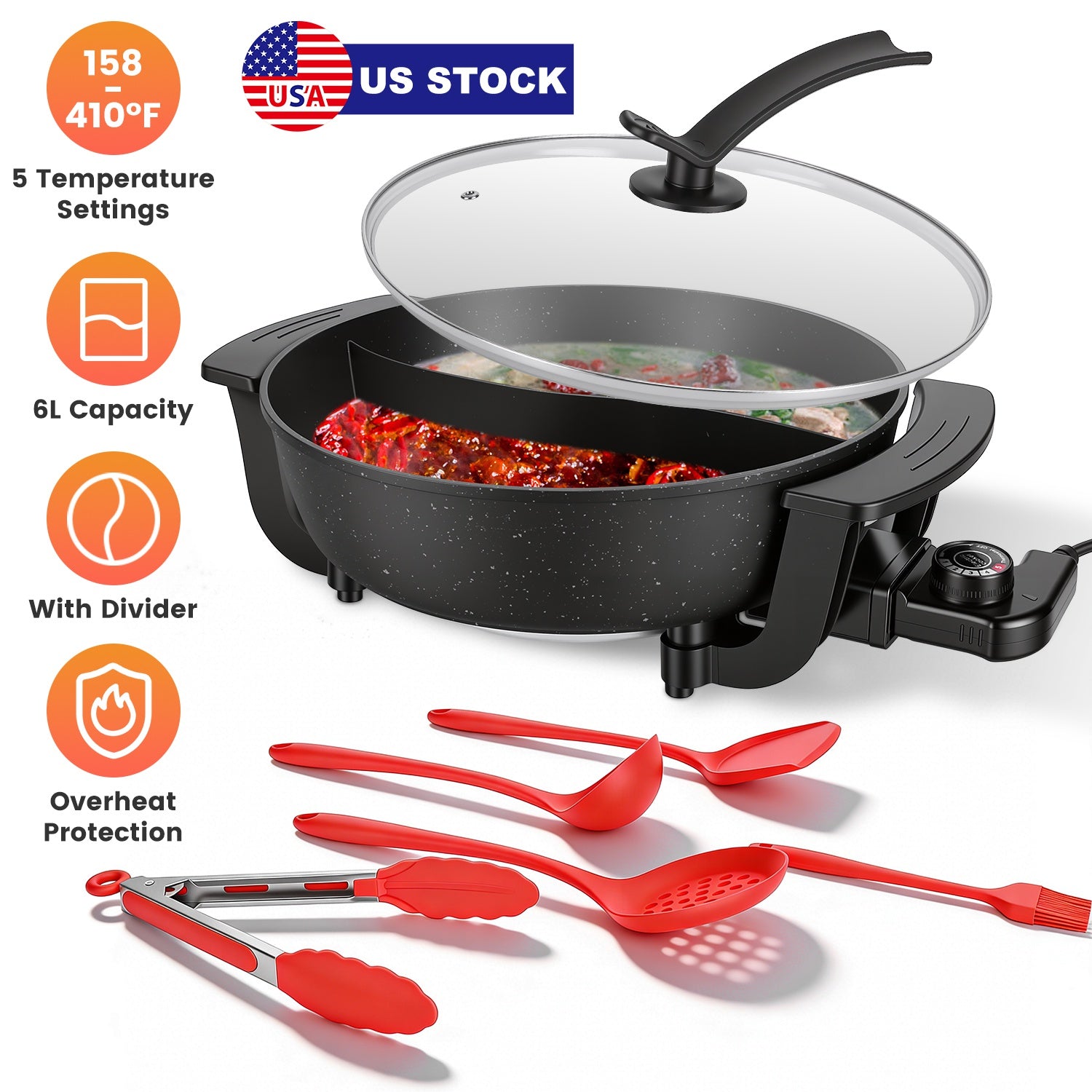 6L Electric Hot Pot with Divider 1100W Dual-Flavor Pot Shabu Shabu Pot Non-Stick with 5-Temp Control for Shabu Shabu Fondue Perfect for Family Gatheri