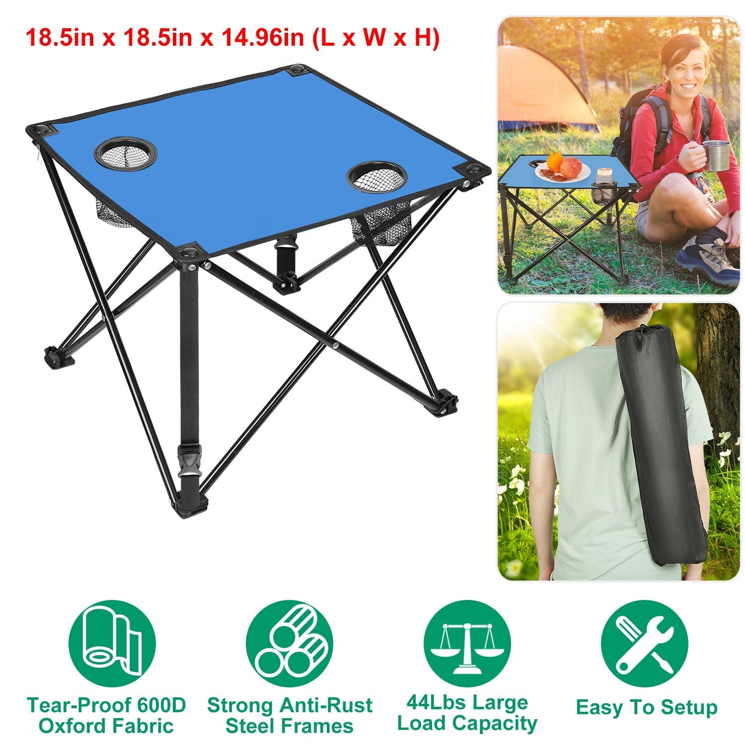 2Pcs Foldable Camping Table Portable Picnic Table Lightweight Travel Desk with 2 Cup Holders/Table Carrying Bag