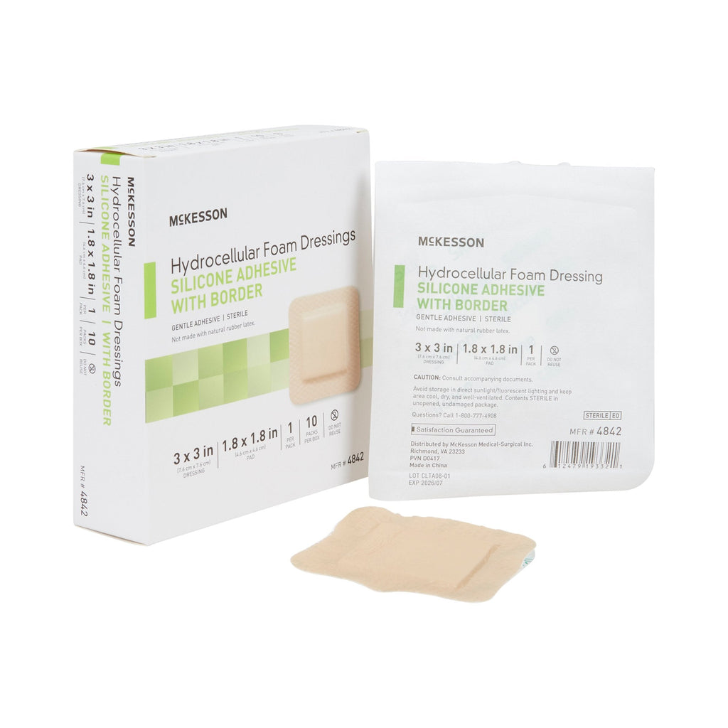 McKesson Silicone Adhesive with Border Silicone Foam Dressing, 3 x 3 Inch 4842
