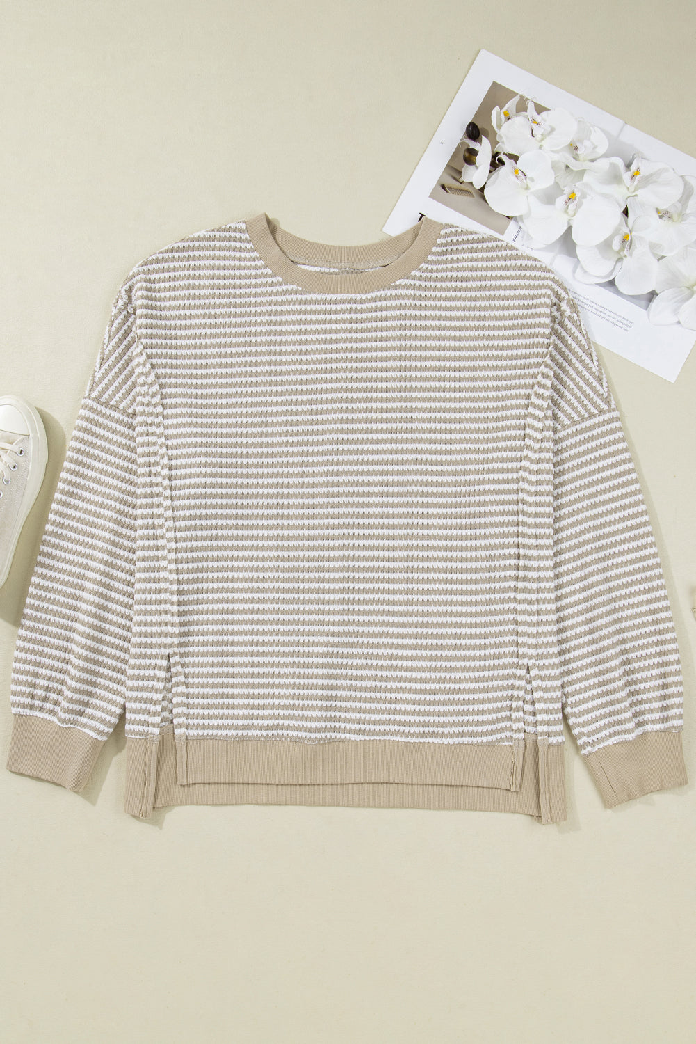 Brown Plus Size Stripe Ribbed Trim Drop Shoulder Long Sleeve Oversized Top