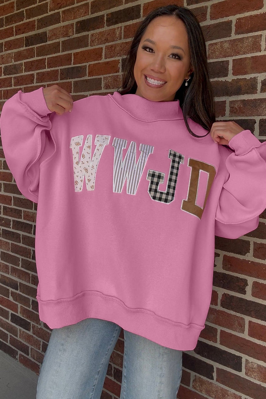 Gray WWJD Mixed Pattern Embroidered Patch Graphic Mock Neck Sweatshirt
