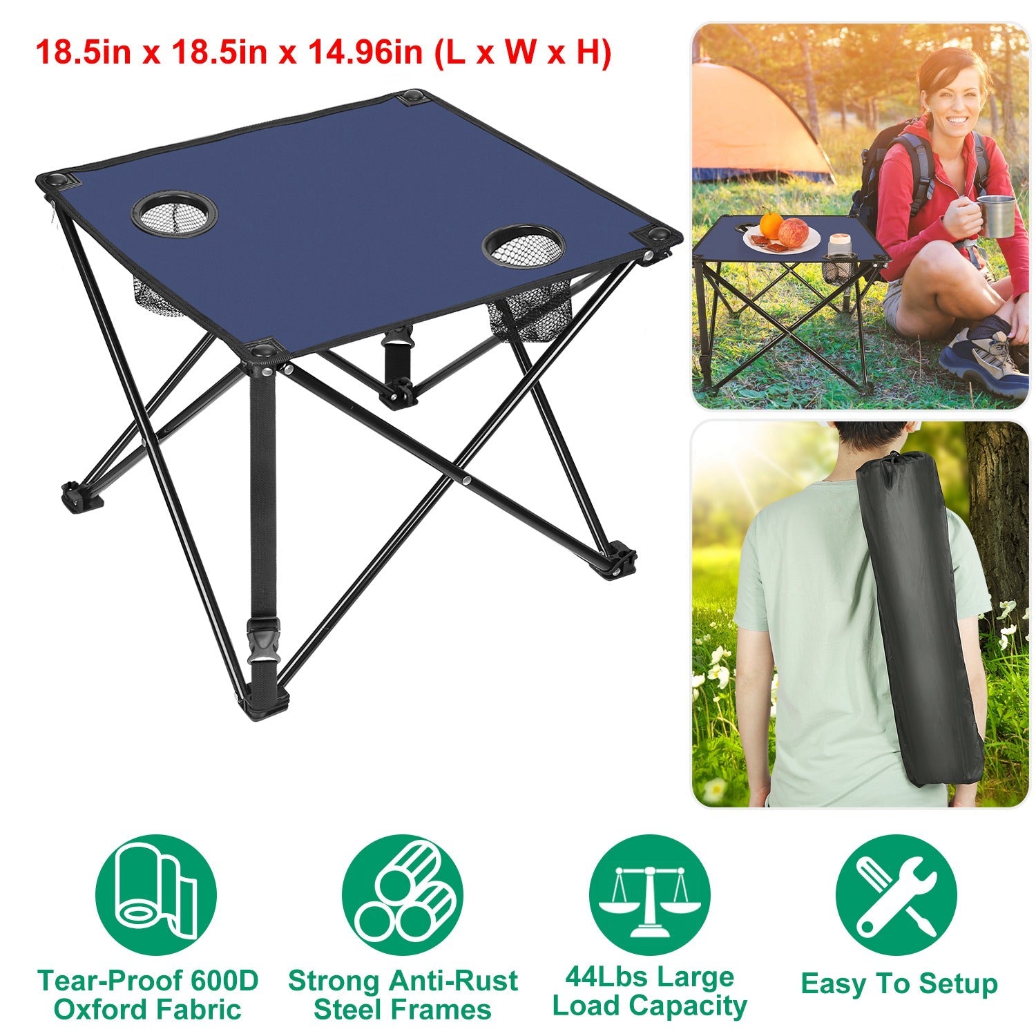 2Pcs Foldable Camping Table Portable Picnic Table Lightweight Travel Desk with 2 Cup Holders/Table Carrying Bag