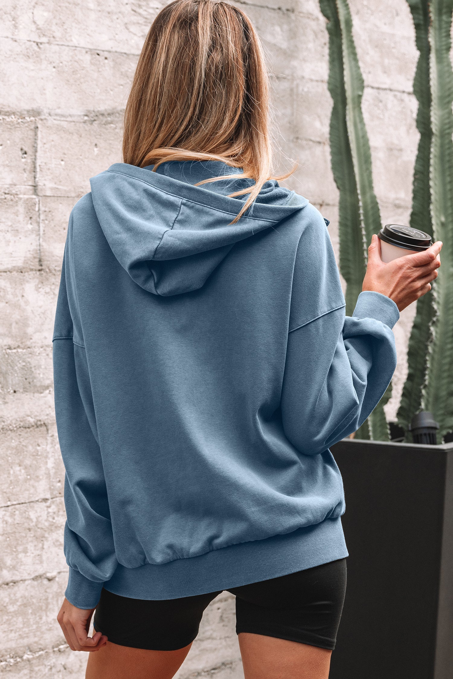 Black Half Zip Kangaroo Pocket Mineral Wash Baggy Hoodie