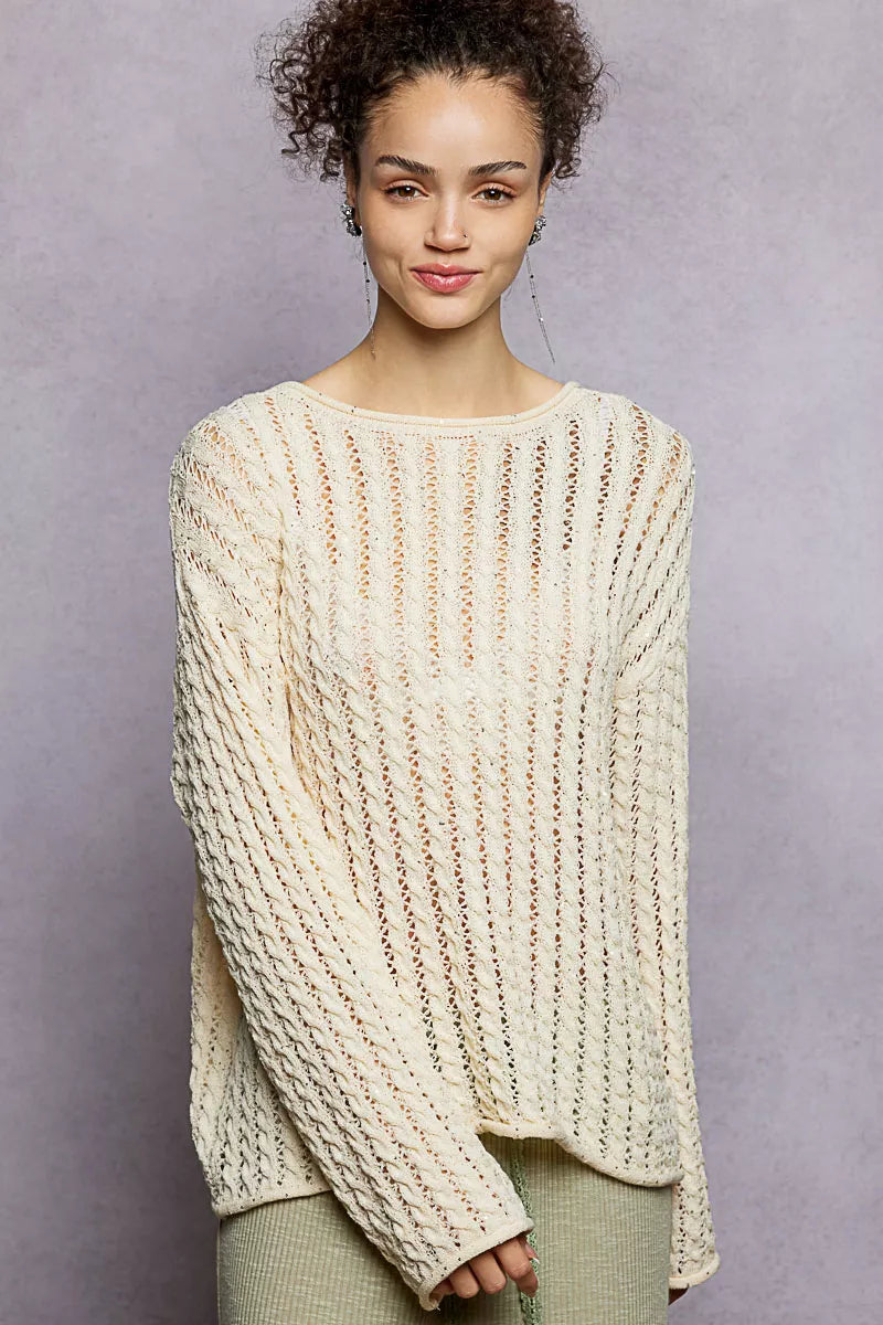 POL Openwork Round Neck Knit Top with Shiny Detail