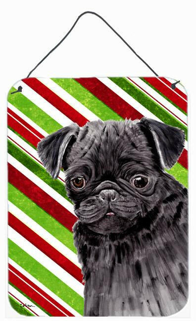 Pug Candy Cane Holiday Christmas Wall or Door Hanging Prints Aluminum Metal Sign Kitchen Wall Bar Bathroom Plaque Home Decor Front Door Plaque, 12x16, Multicolor