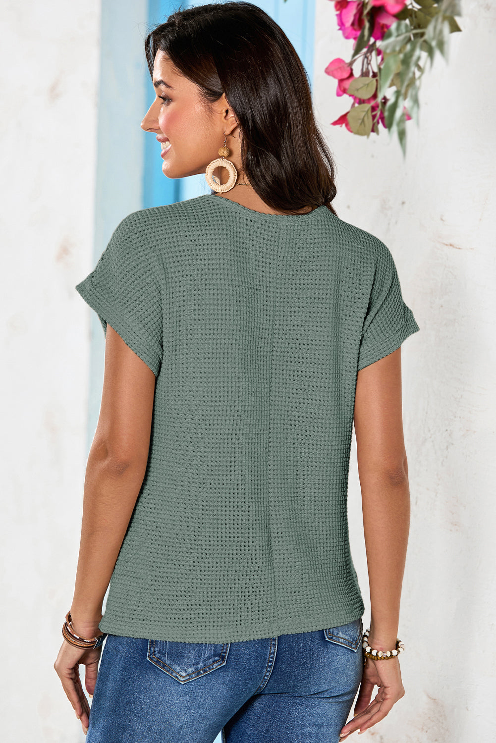 Oatmeal Hollow Patchwork Waffle Knit Top