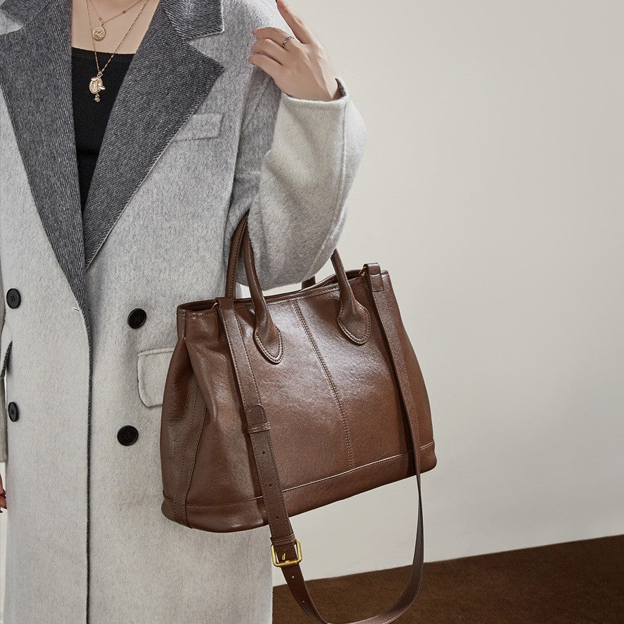 Simple High-Capacity Top-Grain Leather ToteCrossbody Bag For Women