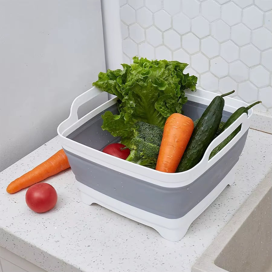 9 Liter Collapsible Plastic Vegetable Wash Basin with Drain Plug for Dish Storage, Vegetable and Fruit Washing, Chill Bucket