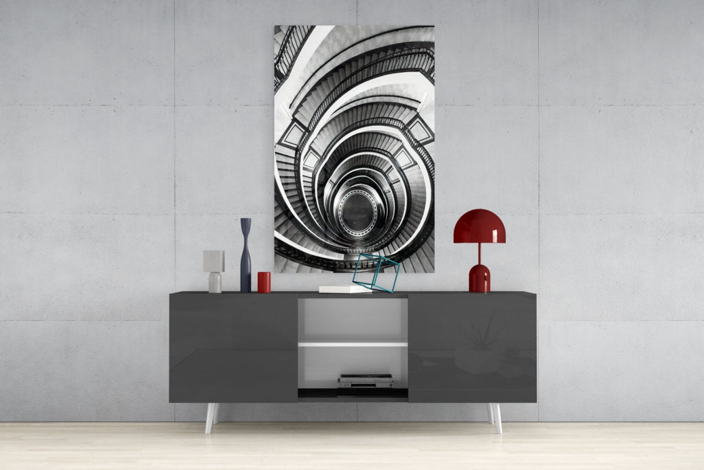 Monochrome Spiral Staircase From Above Glass Wall Art