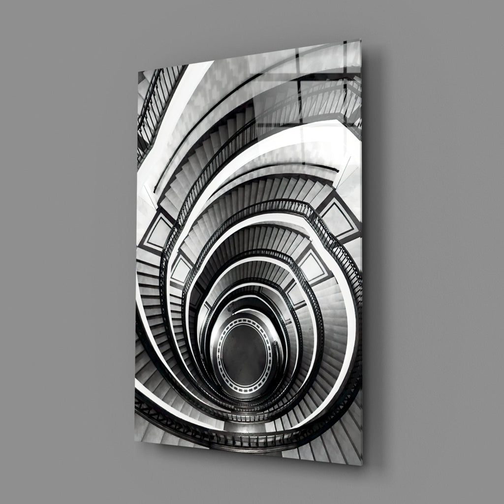 Monochrome Spiral Staircase From Above Glass Wall Art
